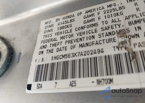 2007 Honda Accord 2.4 Se from USA, damaged, VIN 1HGCM563X7A202494